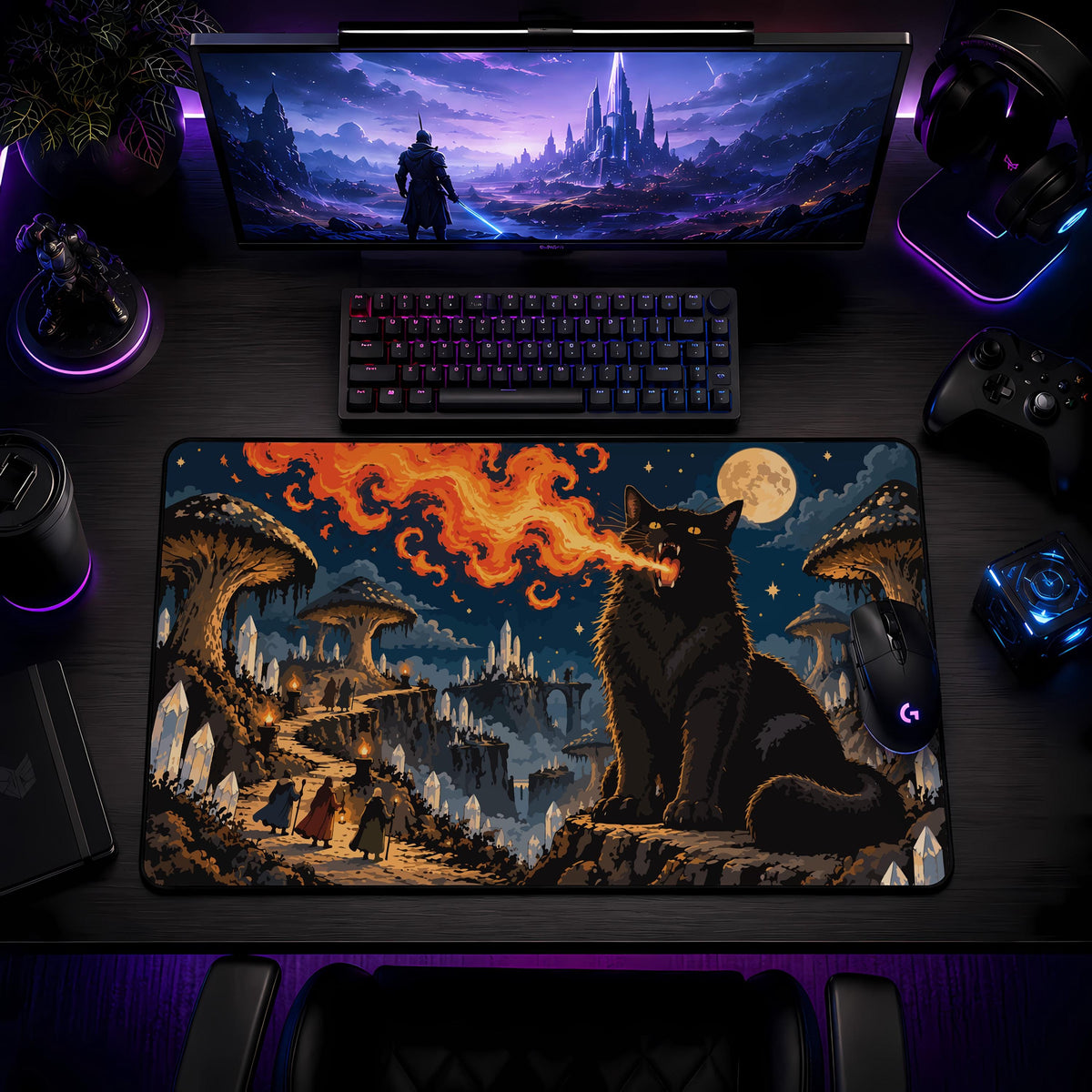 Fire Breathing Black Cat Gaming Mouse Pad, Halloween Desk Mat (3mm Thick)