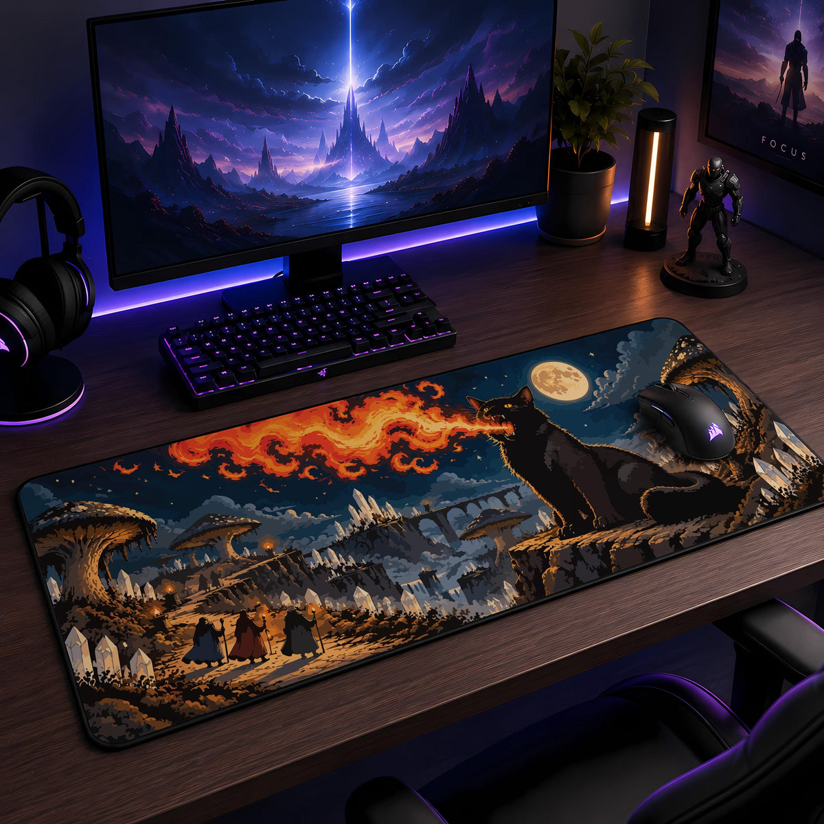 Fire Breathing Black Cat Gaming Mouse Pad, Halloween Desk Mat (3mm Thick)