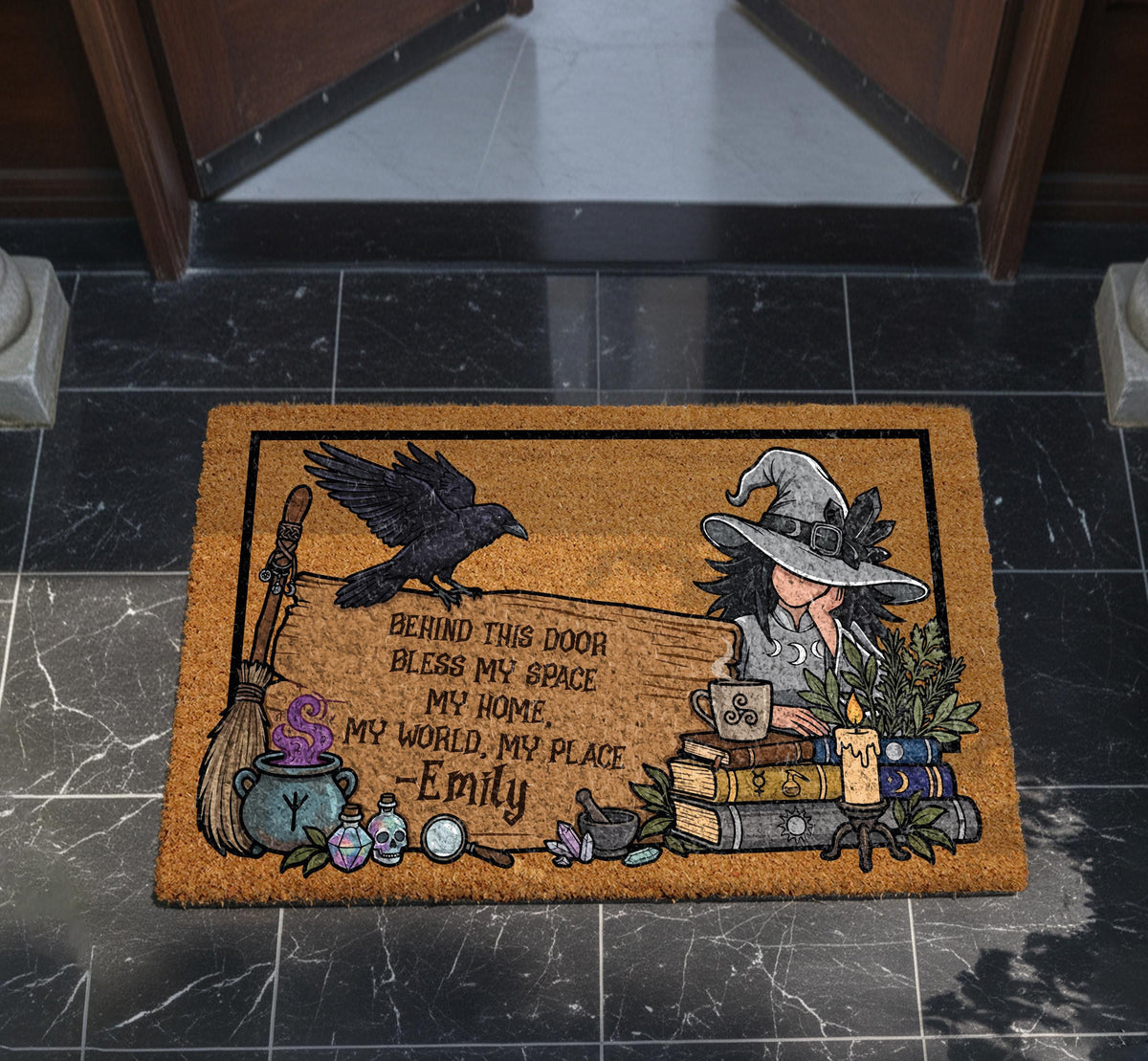 Personalized Witch Doormat, Custom Name Welcome Mat, Coir Fiber, Halloween Housewarming Gift