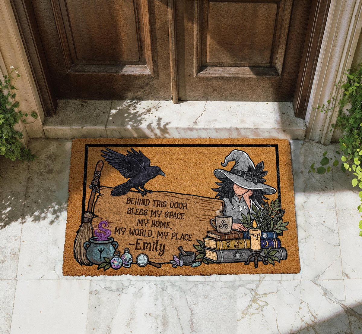 Personalized Witch Doormat, Custom Name Welcome Mat, Coir Fiber, Halloween Housewarming Gift