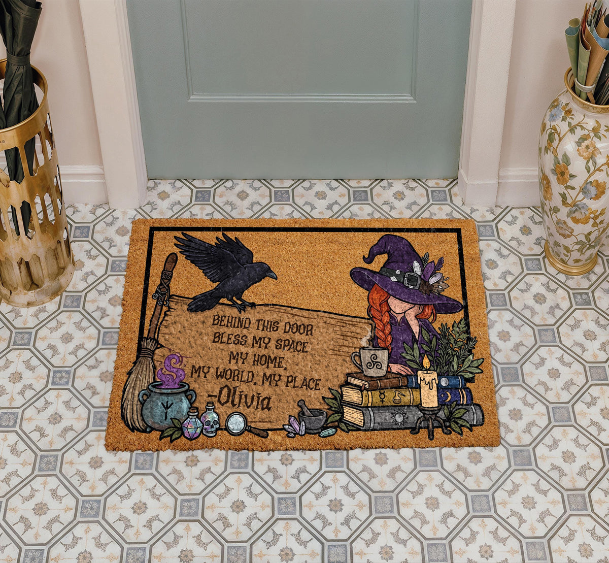 Personalized Witch Doormat, Custom Name Welcome Mat, Coir Fiber, Halloween Housewarming Gift