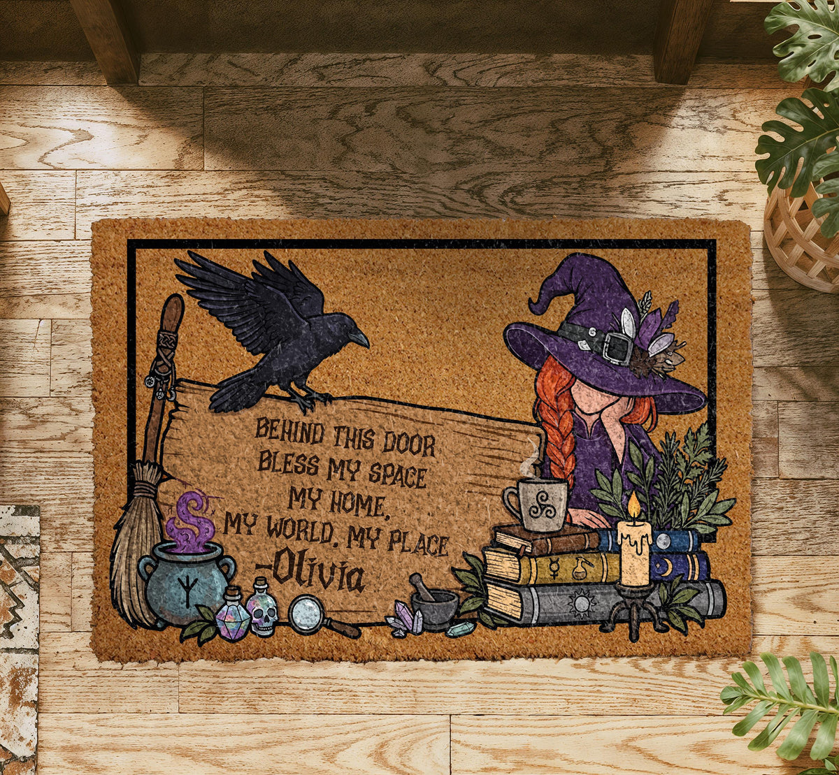 Personalized Witch Doormat, Custom Name Welcome Mat, Coir Fiber, Halloween Housewarming Gift