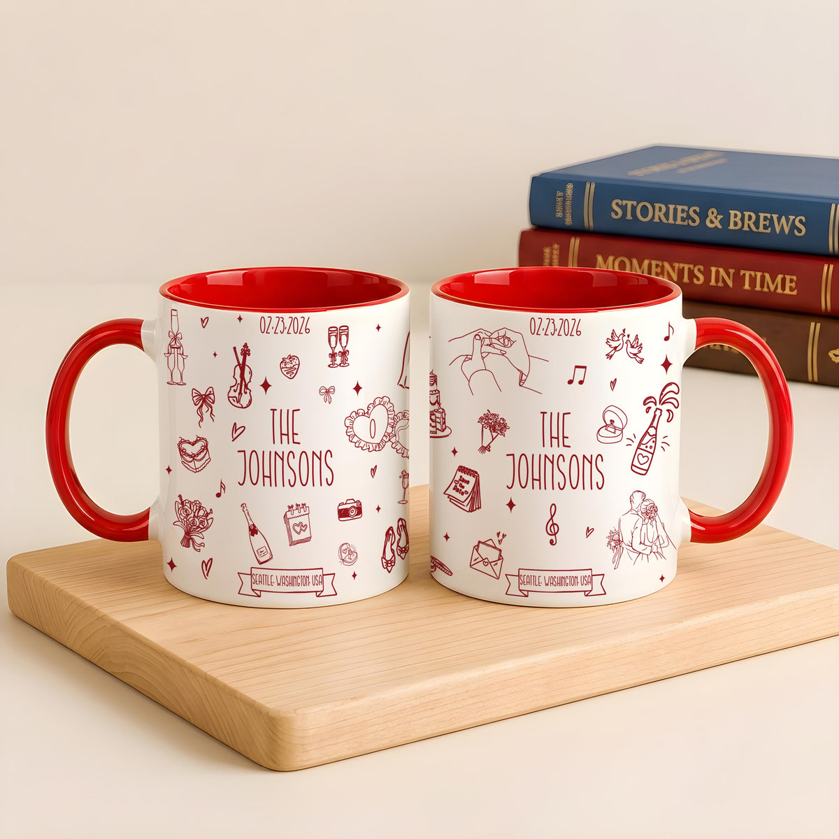 Custom Doodle Wedding Mug Set, Personalized Couple Coffee Cups (11oz or 15oz)