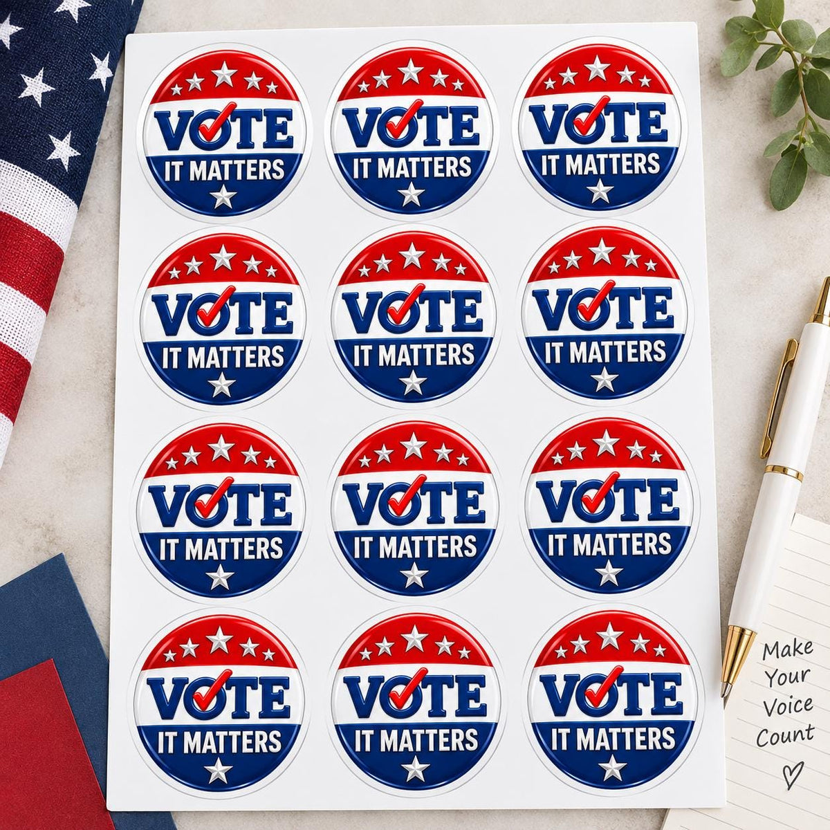 Patriotic Vote Sticker Sheet, Red White Blue Decals, Civic Engagement Giveaway
