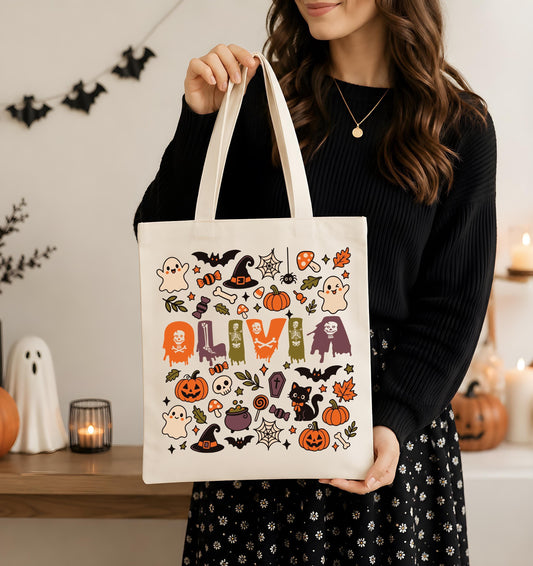 Personalized Halloween Tote Bag, Custom Spooky Bag, Ghost Pumpkin Shopping Bag