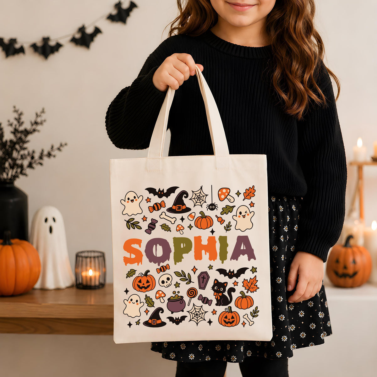 Personalized Halloween Tote Bag, Custom Spooky Bag, Ghost Pumpkin Shopping Bag