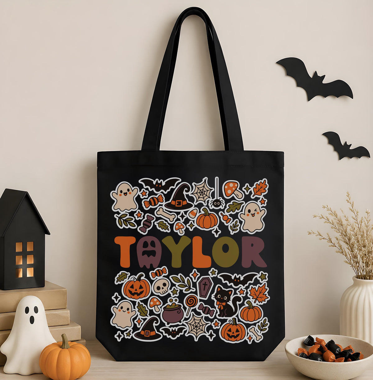 Personalized Halloween Tote Bag, Custom Spooky Bag, Ghost Pumpkin Shopping Bag