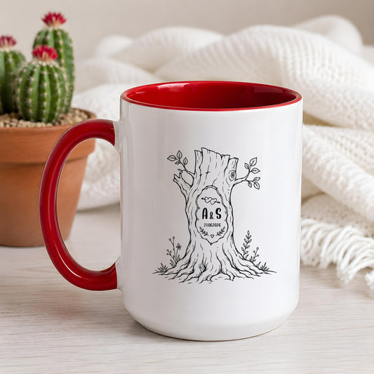 Custom Initial Tree Trunk Mug, Couples Name Date Coffee Cup, Carved Heart Anniversary Gift