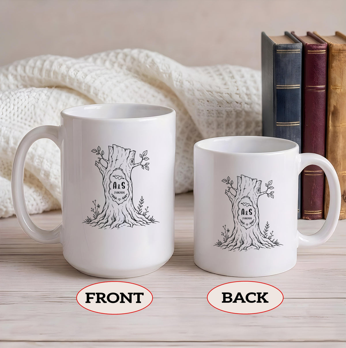 Custom Initial Tree Trunk Mug, Couples Name Date Coffee Cup, Carved Heart Anniversary Gift