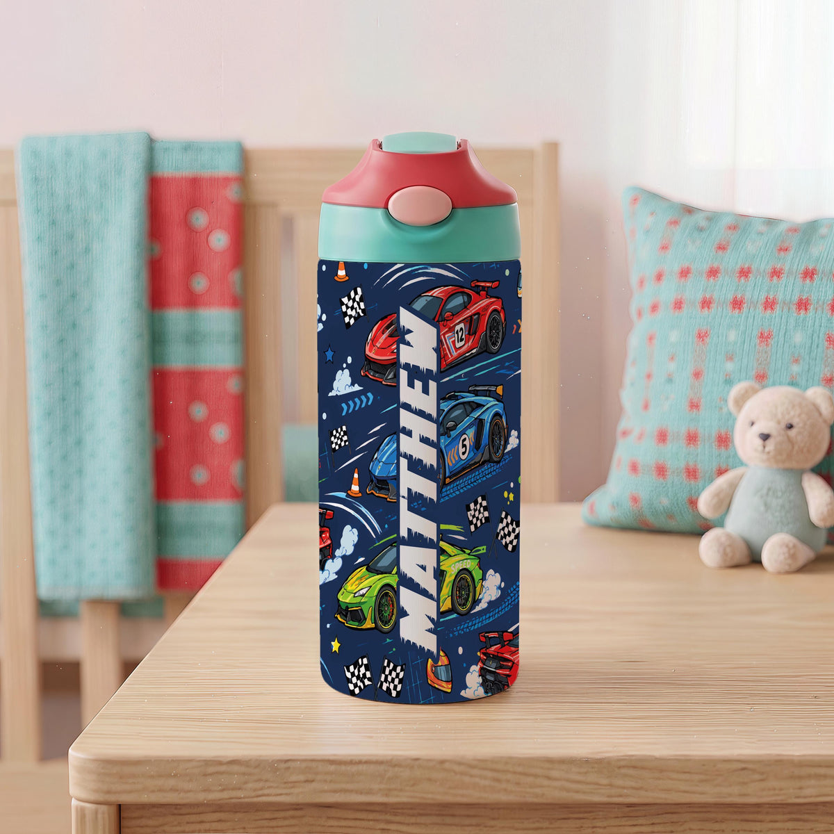 Personalized Race Car Kids Tumbler, 12oz Stainless Steel Cup with Handle (Custom Name)