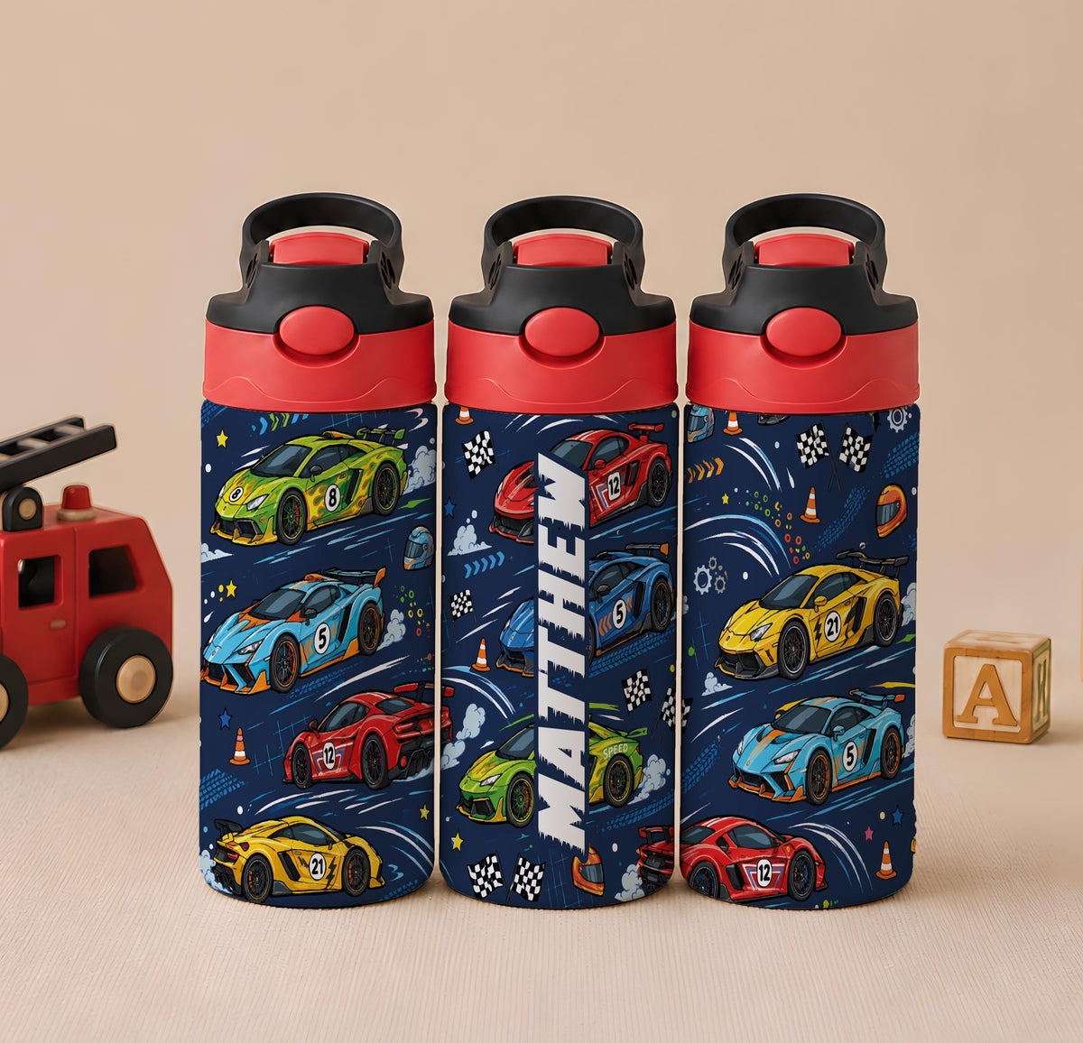 Personalized Race Car Kids Tumbler, 12oz Stainless Steel Cup with Handle (Custom Name)