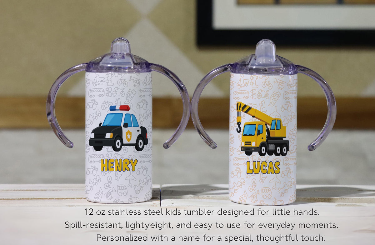 Personalized Toddler Tumbler, Fire Truck, Tractor, Police Car (12oz)