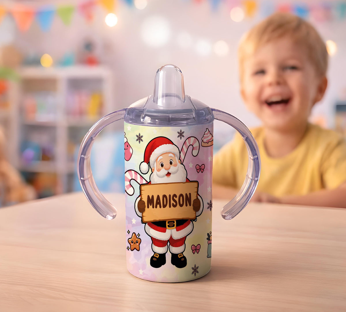 Personalized Santa Toddler Tumbler, Custom Name Holiday Cup (12oz)