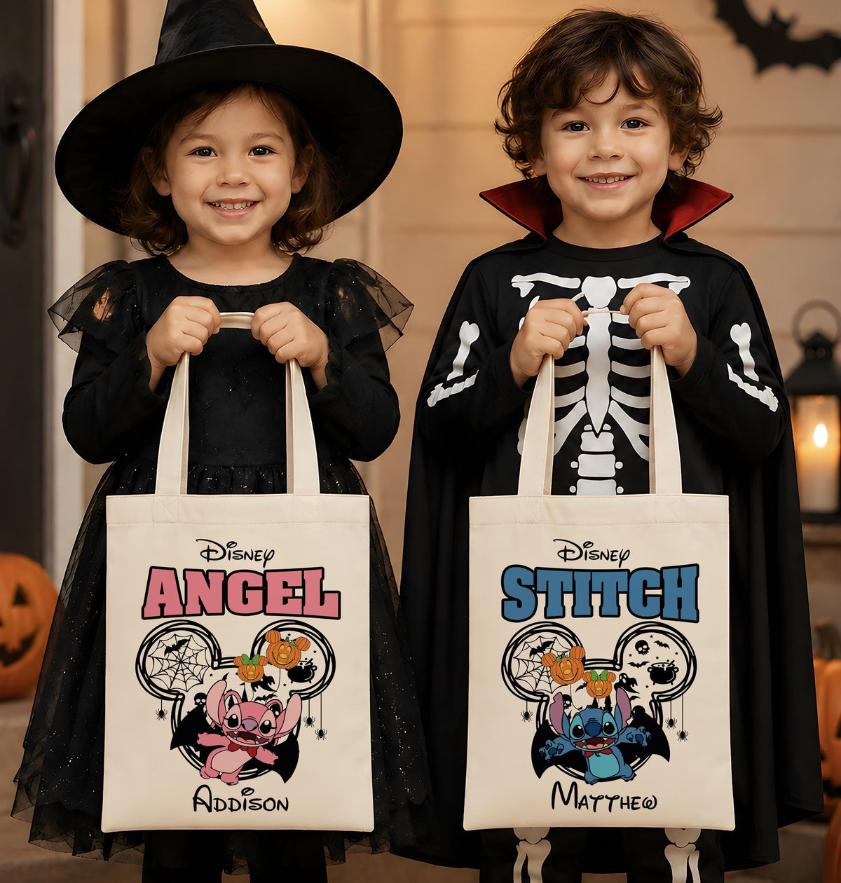 Personalized Halloween Trick or Treat Bag, Custom Blue Pink Cute Monster Canvas Tote Bag