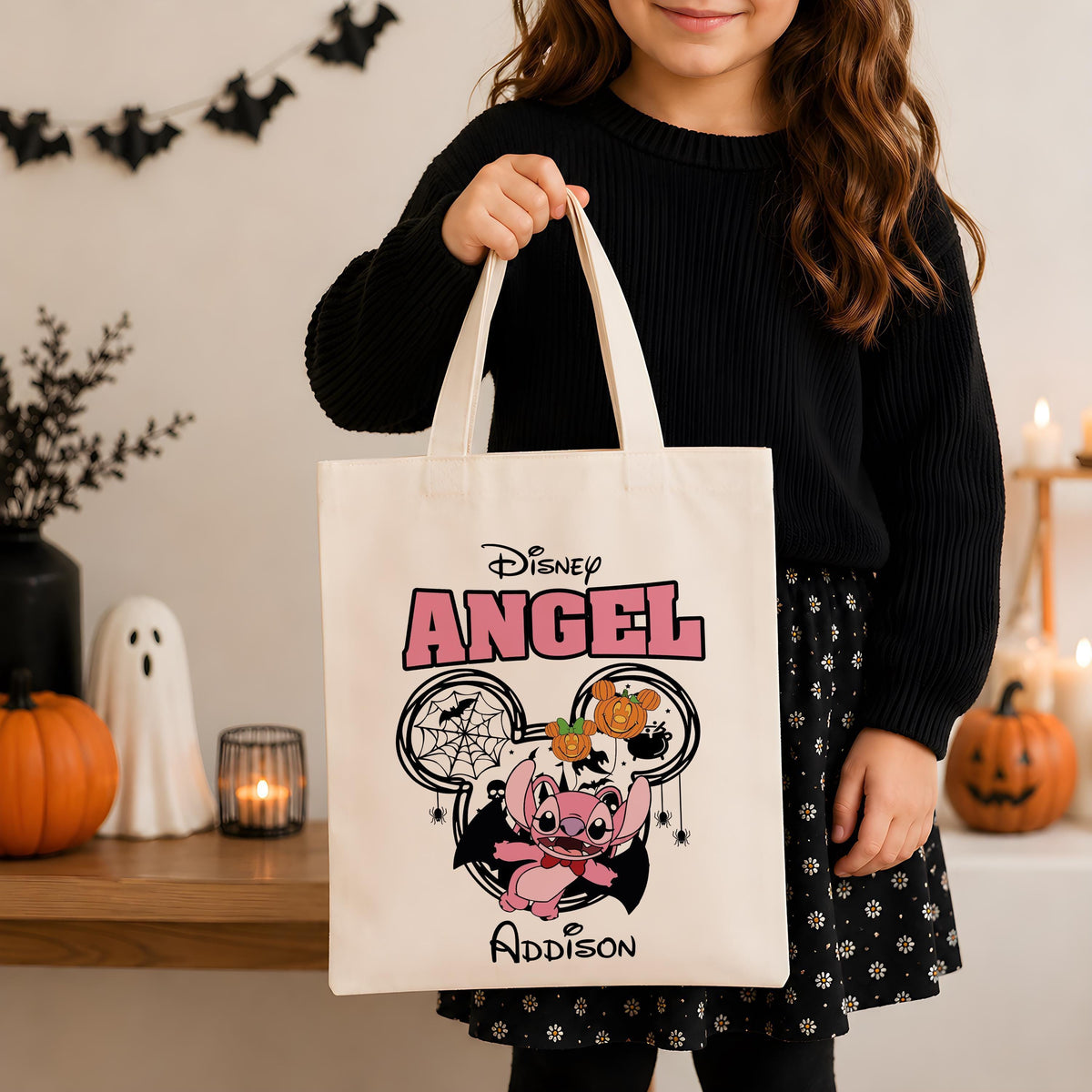 Personalized Halloween Trick or Treat Bag, Custom Blue Pink Cute Monster Canvas Tote Bag