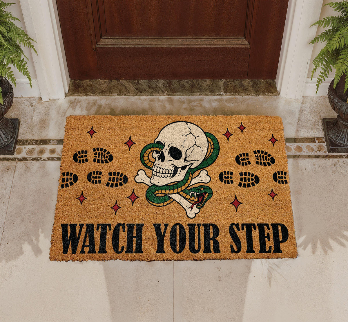 Watch Your Step Skull Snake Doormat, Gothic Halloween Welcome Mat (Coir)