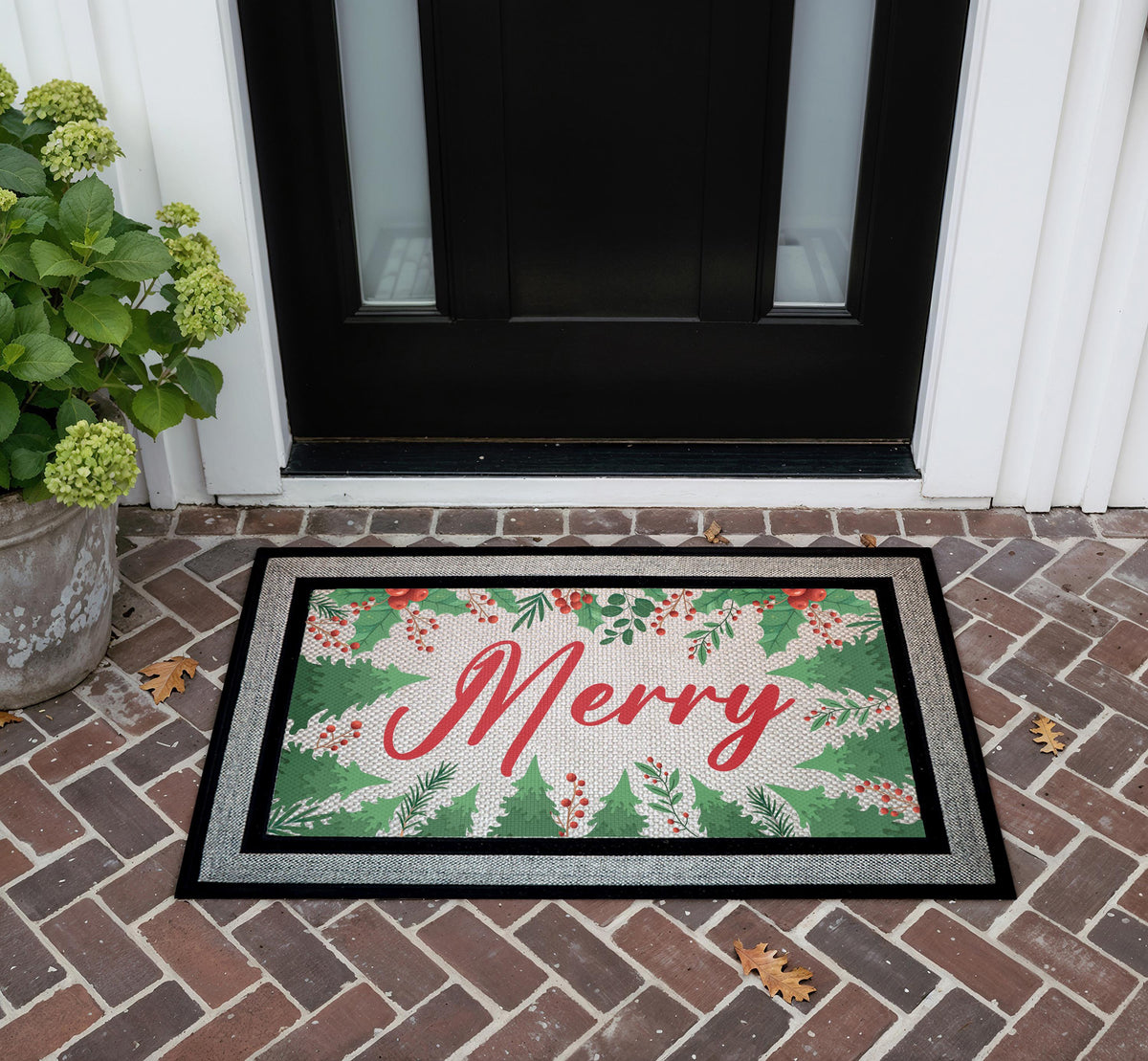 Merry Christmas Doormat, Festive Pine Berries Welcome Mat, Holiday Porch Decor