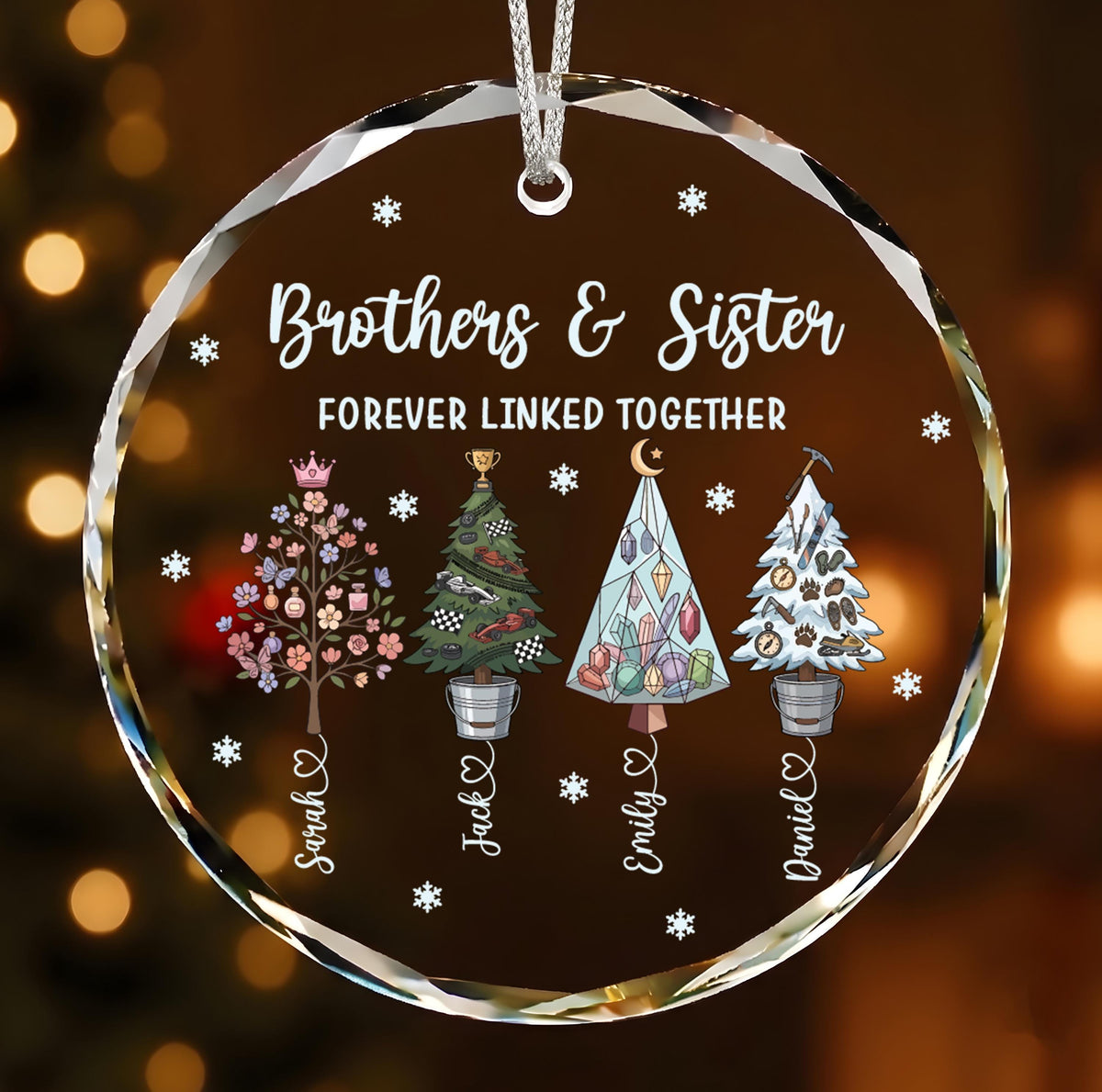 Personalized Brothers & Sister Crystal Glass Ornament, Custom Christmas Tree Names