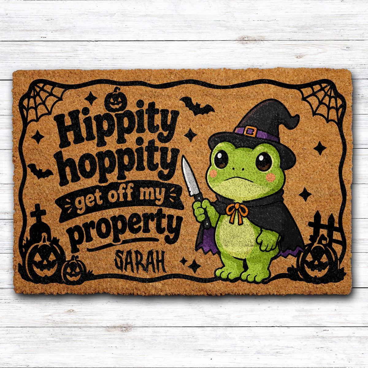 Personalized Hippity Hoppity Get Off My Property Doormat, Witch Frog Halloween Welcome Mat