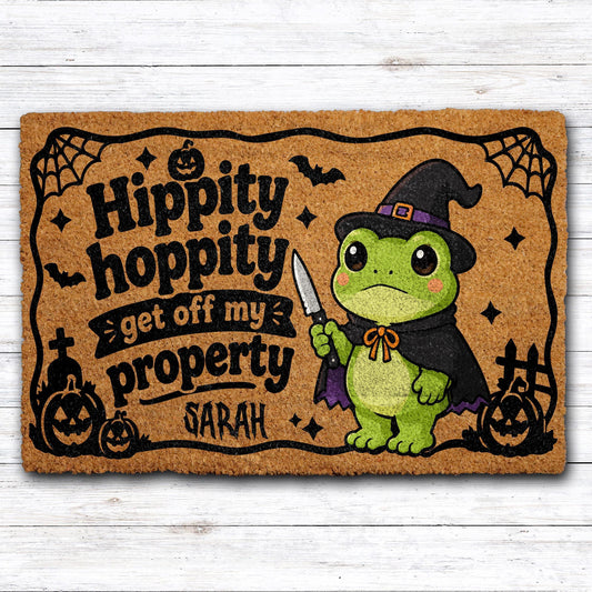 Personalized Hippity Hoppity Get Off My Property Doormat, Witch Frog Halloween Welcome Mat
