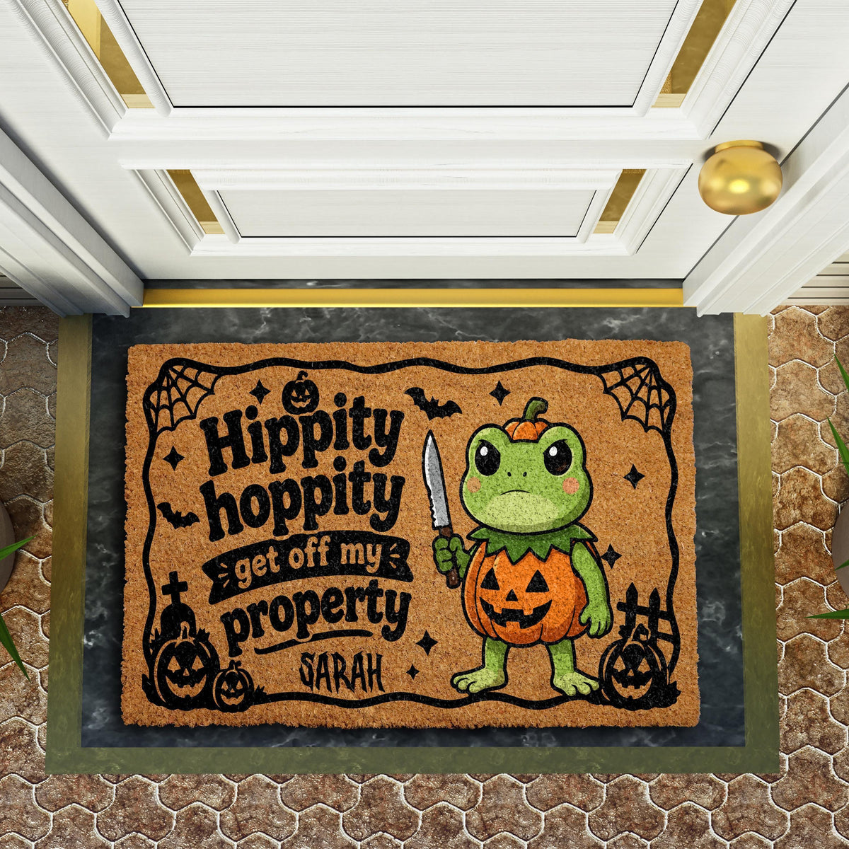 Personalized Hippity Hoppity Get Off My Property Doormat, Witch Frog Halloween Welcome Mat
