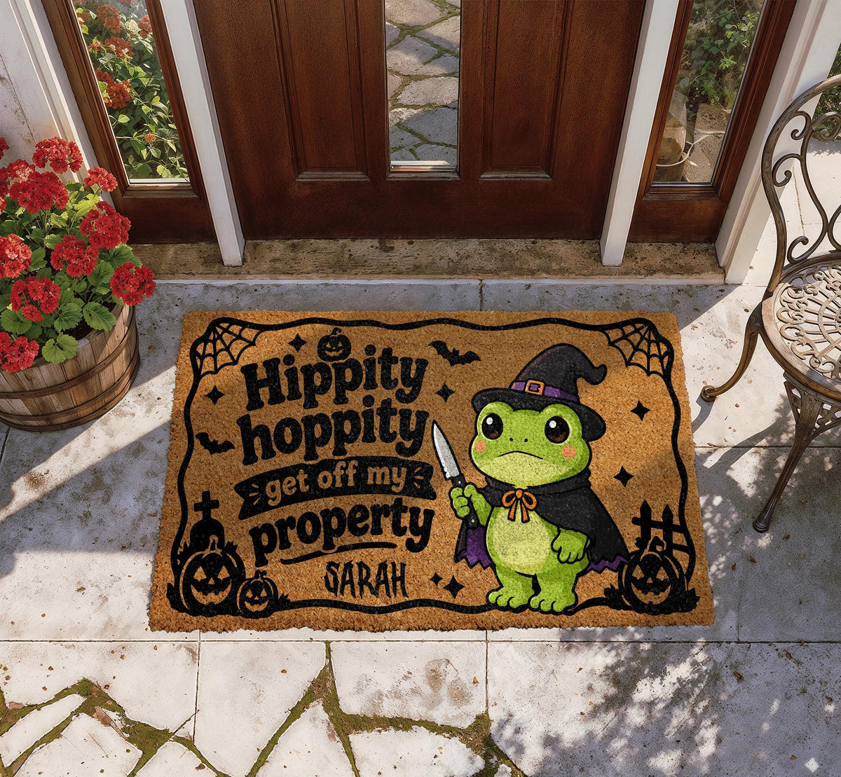 Personalized Hippity Hoppity Get Off My Property Doormat, Witch Frog Halloween Welcome Mat