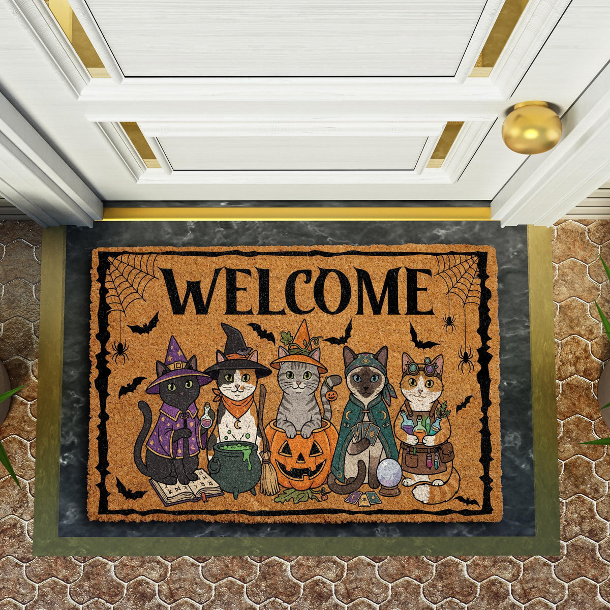 Cute Witch Cats Halloween Welcome Mat, Trick or Treat Doormat