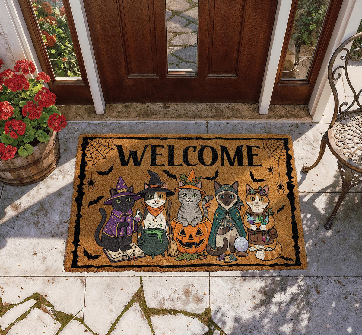 Cute Witch Cats Halloween Welcome Mat, Trick or Treat Doormat
