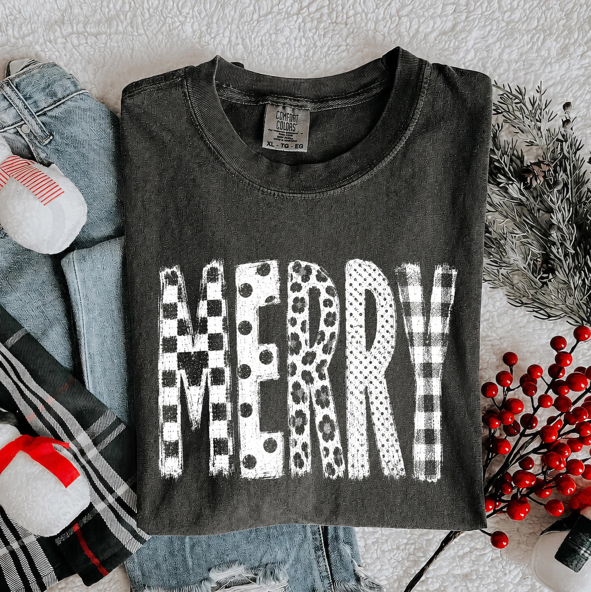Merry Christmas Comfort Colors® Shirt, Plaid Christmas Tee, Matching Family Xmas Gift