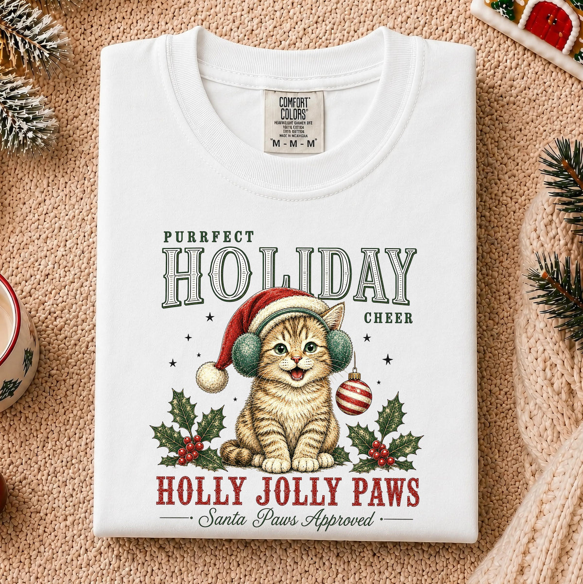 Christmas Cat Comfort Colors® T-Shirt, Santa Cat Xmas Tee, Cat Lover Holiday Gift