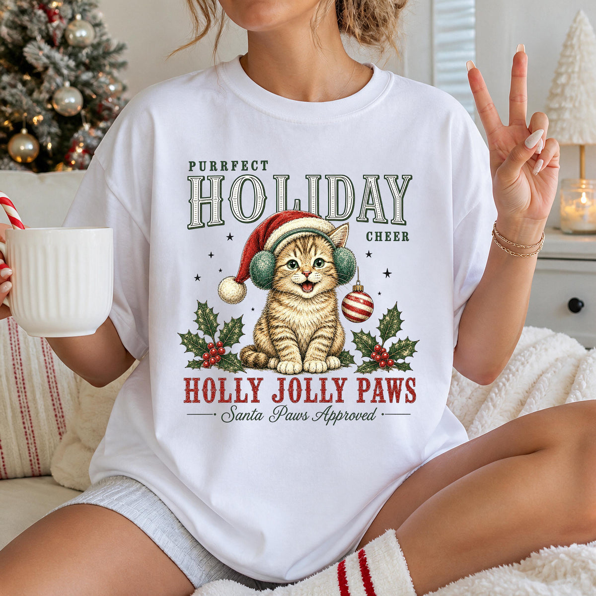 Christmas Cat Comfort Colors® T-Shirt, Santa Cat Xmas Tee, Cat Lover Holiday Gift