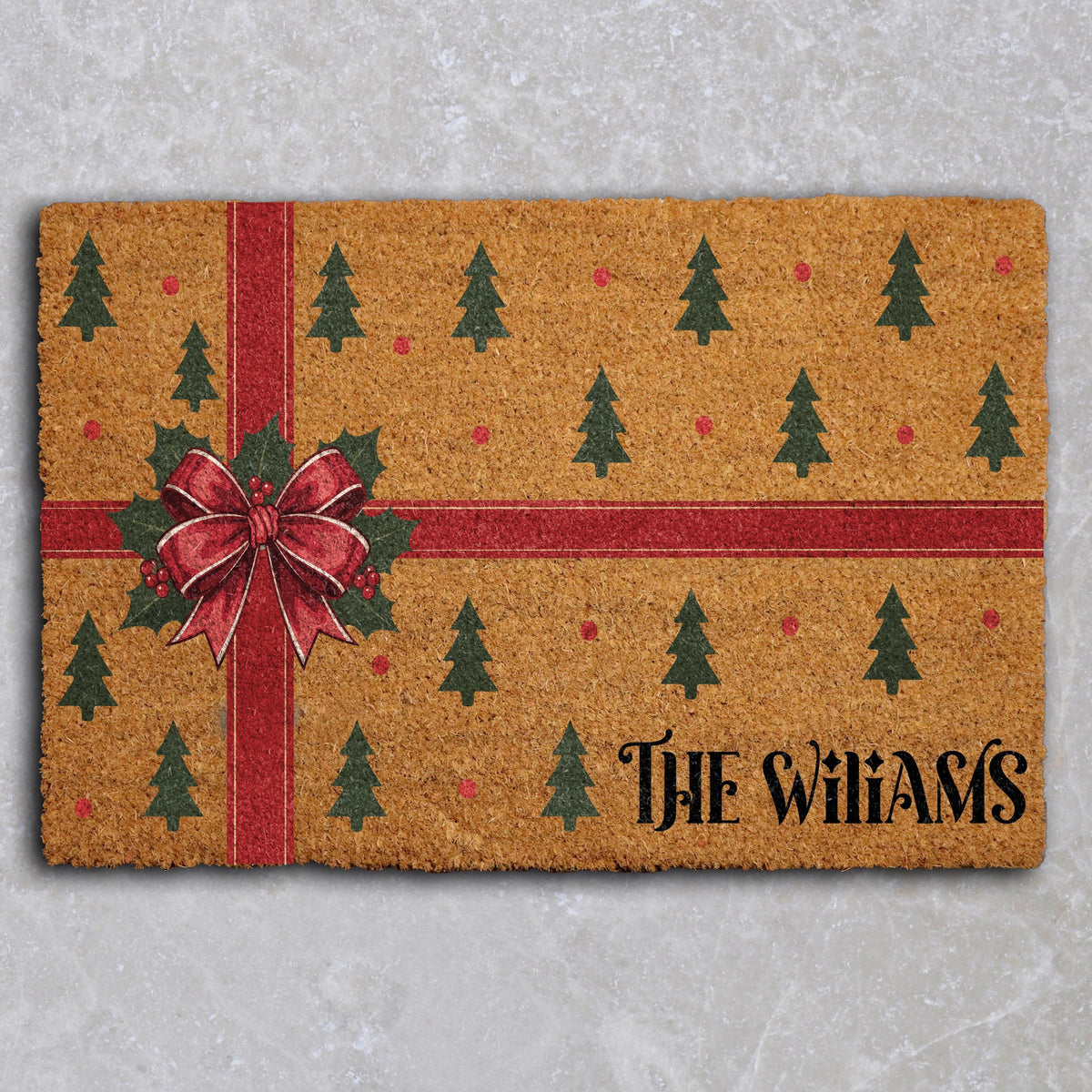Custom Last Name Cute Holiday Welcome Mat, Personalized Xmas Front Porch Decor