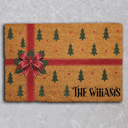 Custom Last Name Cute Holiday Welcome Mat, Personalized Xmas Front Porch Decor