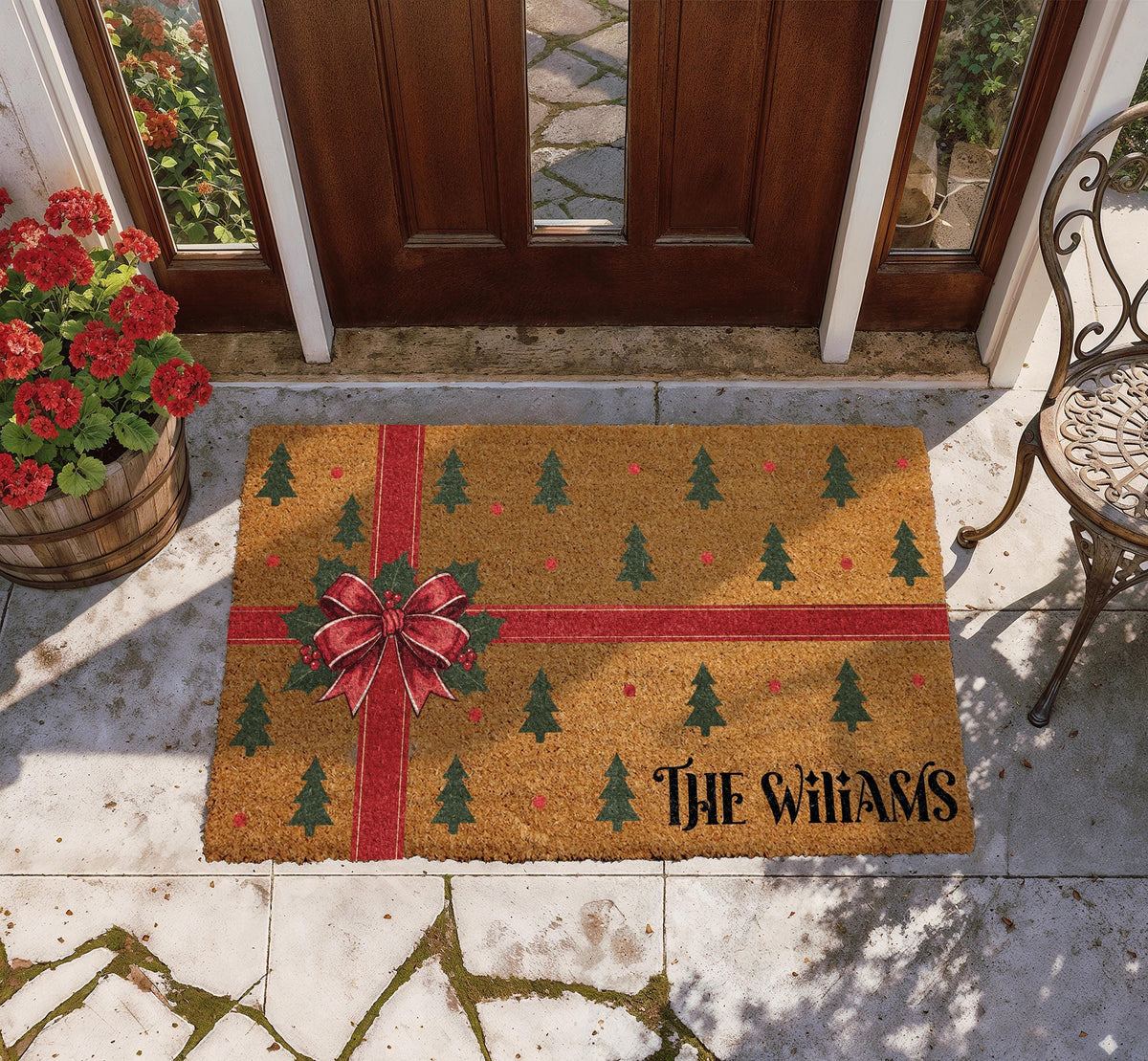 Custom Last Name Cute Holiday Welcome Mat, Personalized Xmas Front Porch Decor