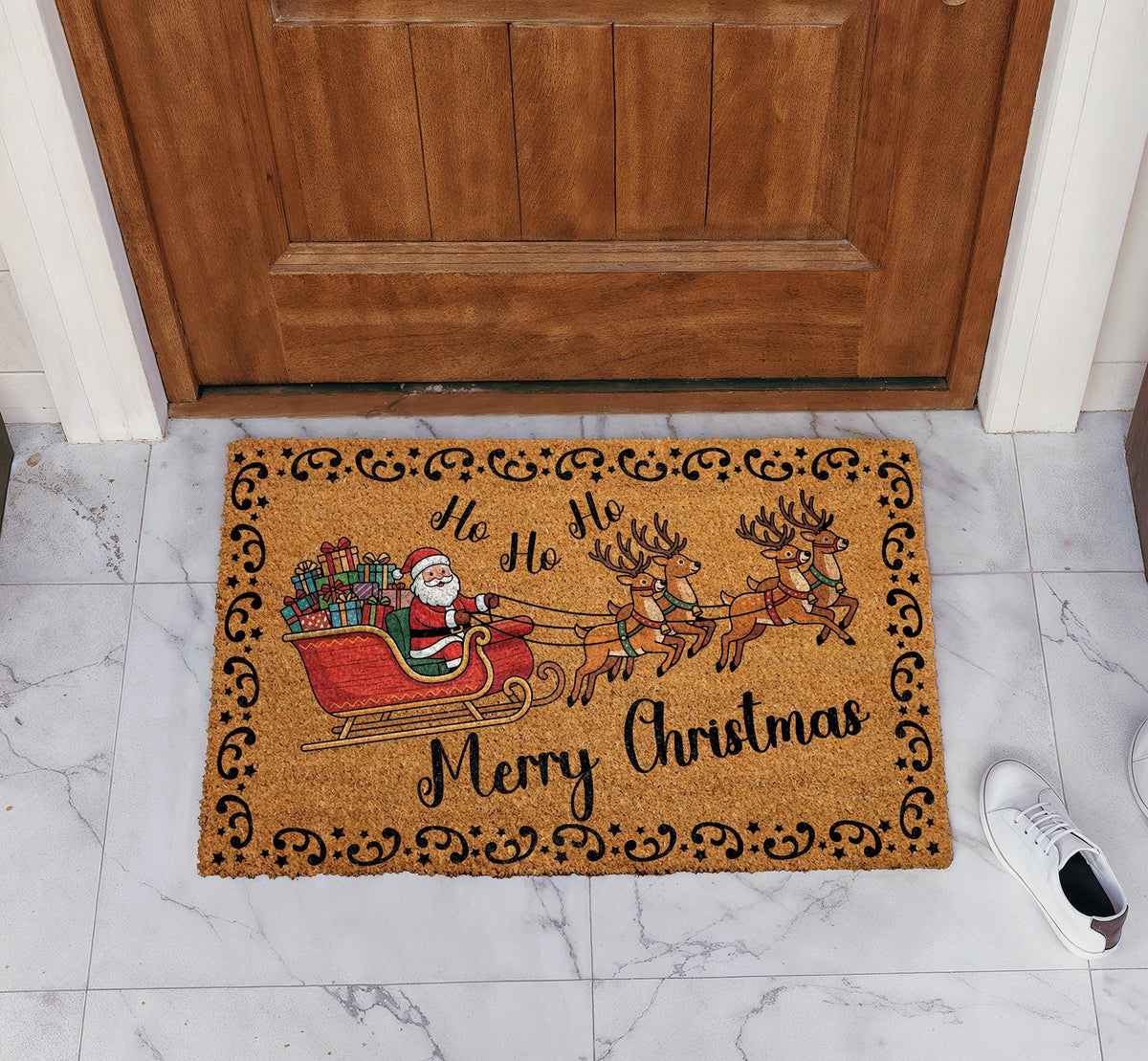 Santa Claus & Reindeer Sleigh Doormat, Merry Christmas Welcome Mat