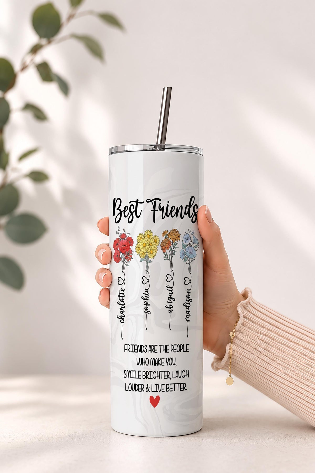 Personalized Friendship Month Flower BFFs Matching Tumbler with Straw (20oz)
