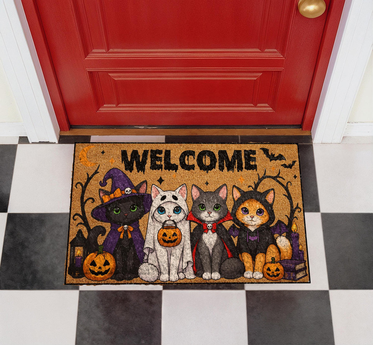 Funny Halloween Cat Doormat, Witch Ghost Cat Welcome Mat, Spooky Season Porch Decor