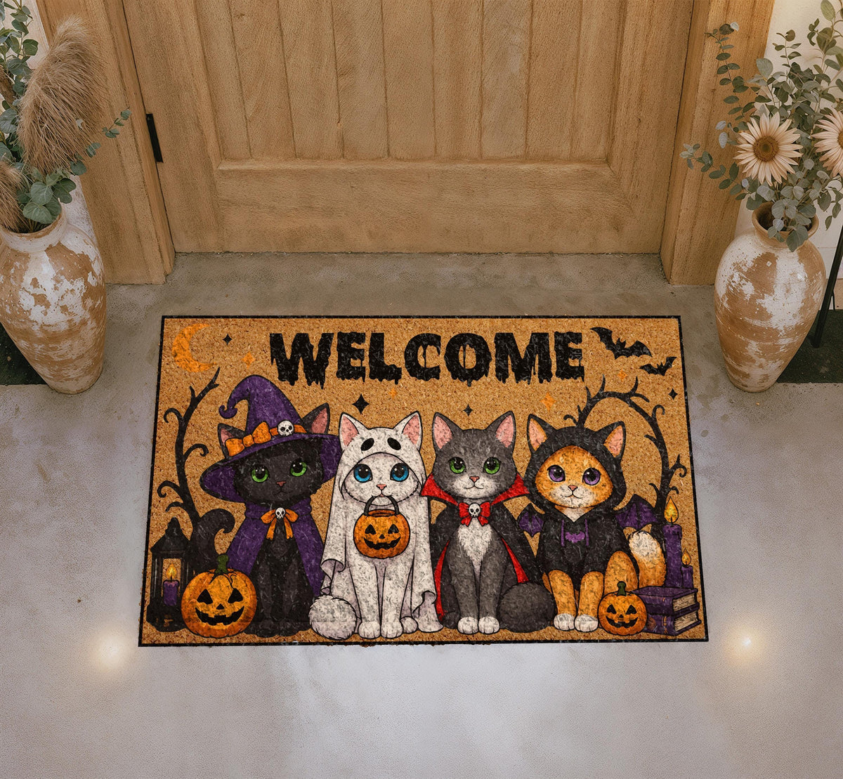 Funny Halloween Cat Doormat, Witch Ghost Cat Welcome Mat, Spooky Season Porch Decor