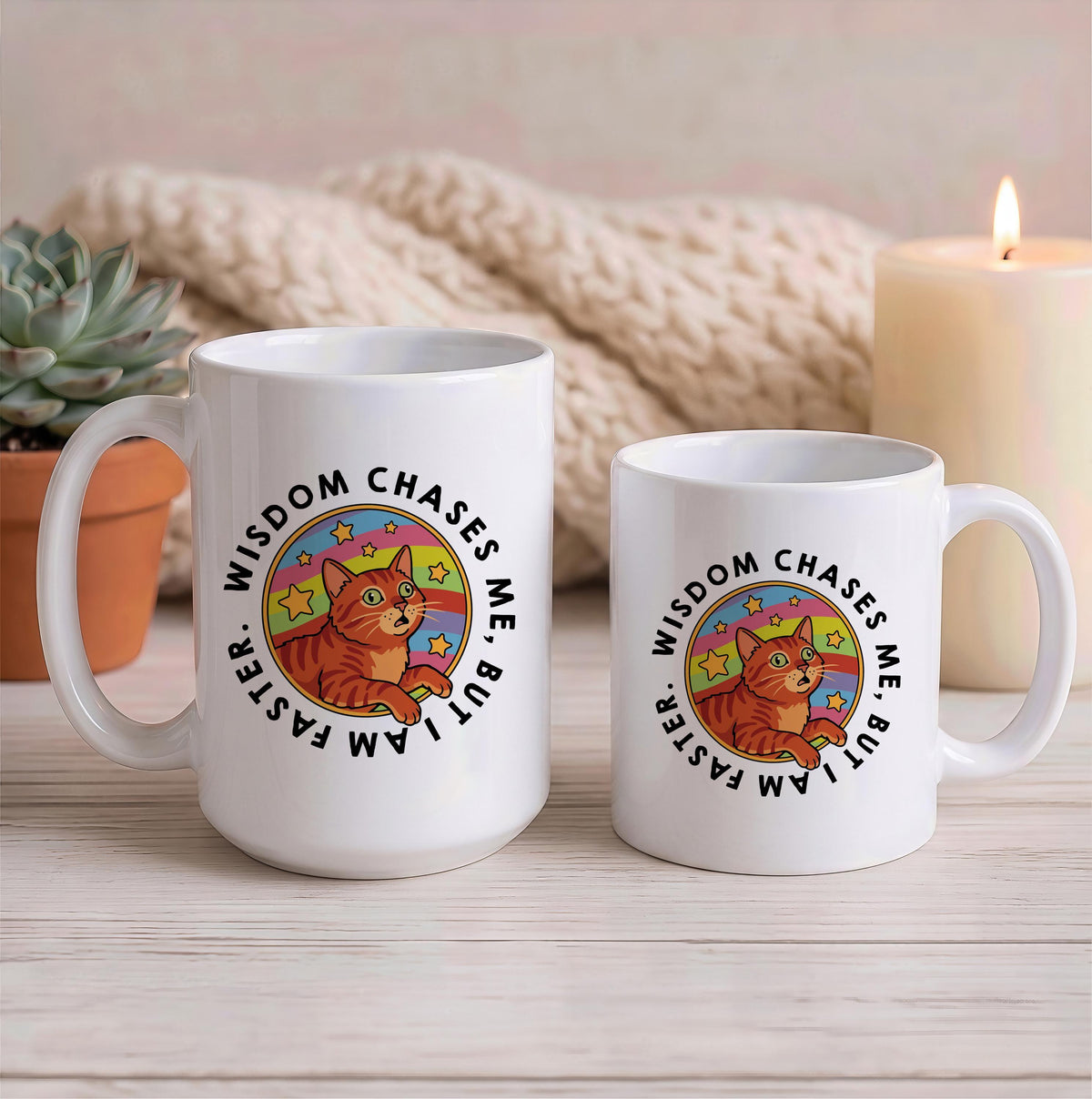 Funny Orange Tabby Cat Coffee Mug, Wisdom Chases Me Quote, Ceramic Drinkware
