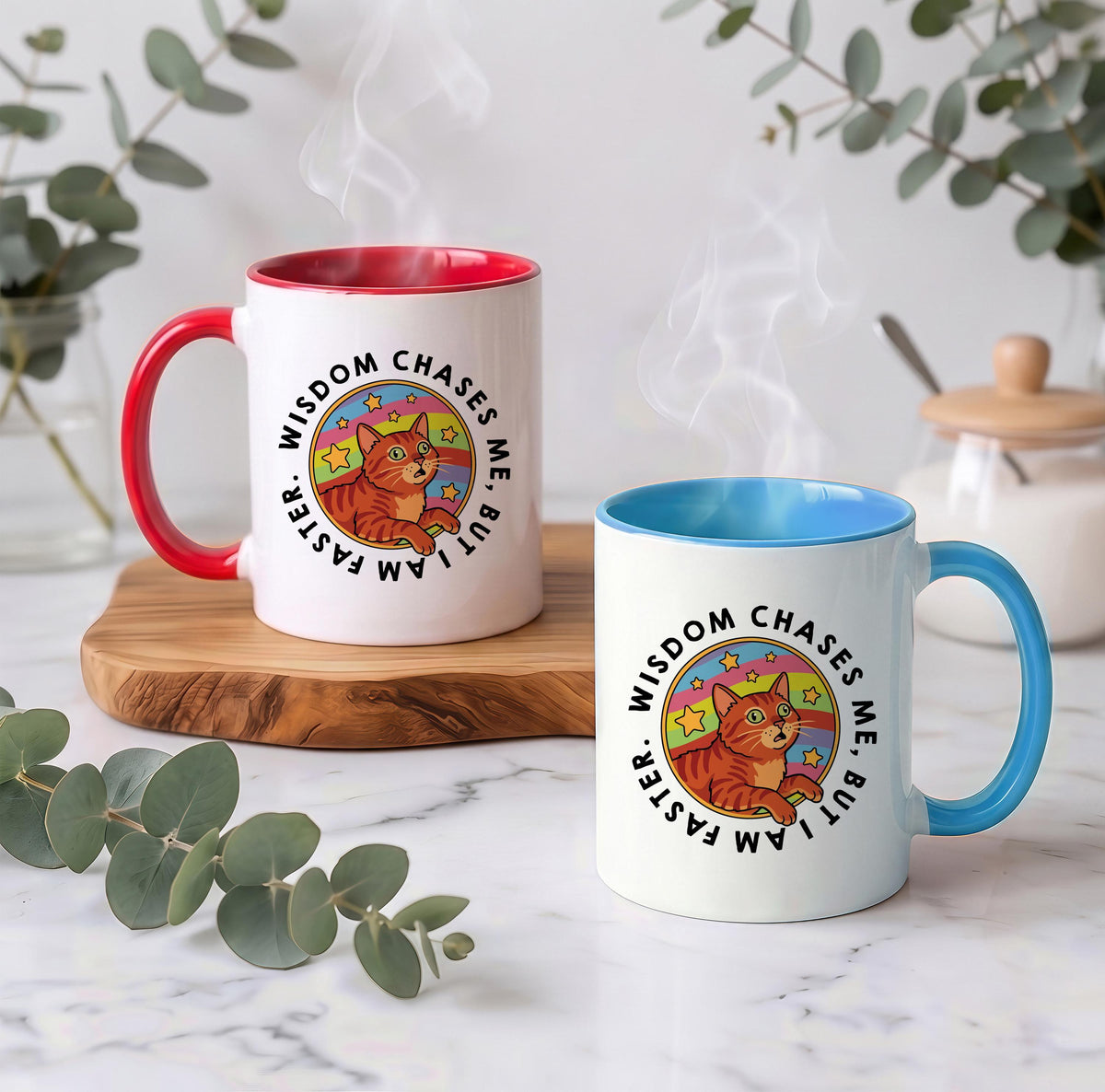 Funny Orange Tabby Cat Coffee Mug, Wisdom Chases Me Quote, Ceramic Drinkware