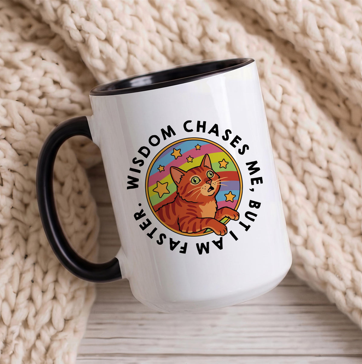 Funny Orange Tabby Cat Coffee Mug, Wisdom Chases Me Quote, Ceramic Drinkware