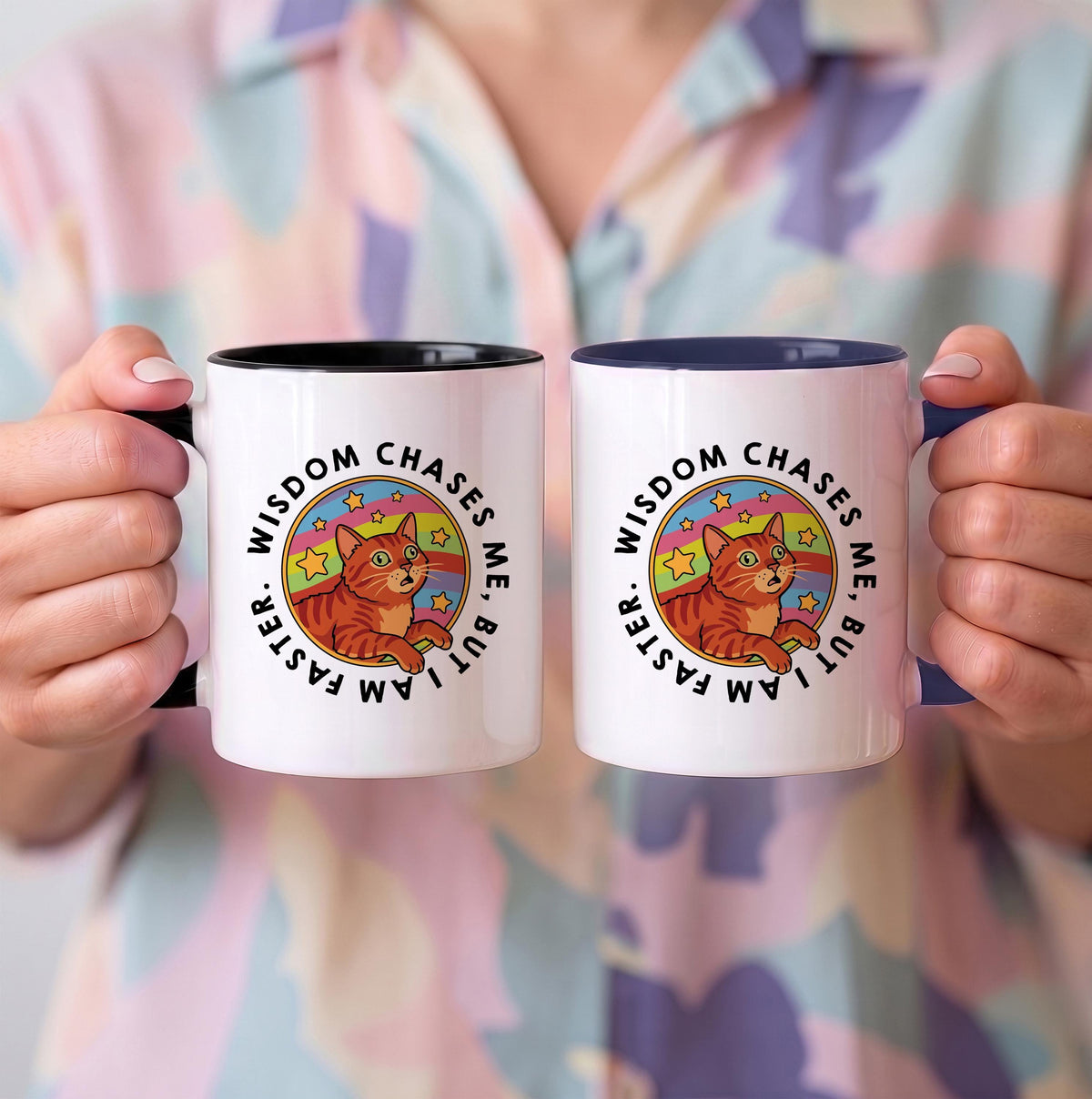 Funny Orange Tabby Cat Coffee Mug, Wisdom Chases Me Quote, Ceramic Drinkware