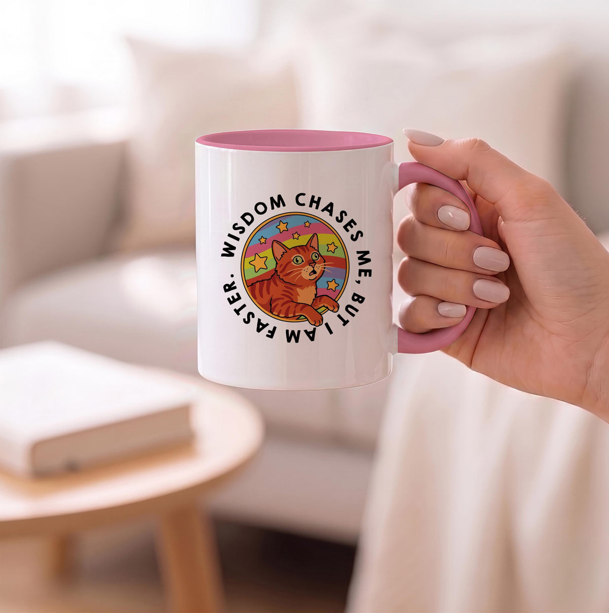 Funny Orange Tabby Cat Coffee Mug, Wisdom Chases Me Quote, Ceramic Drinkware