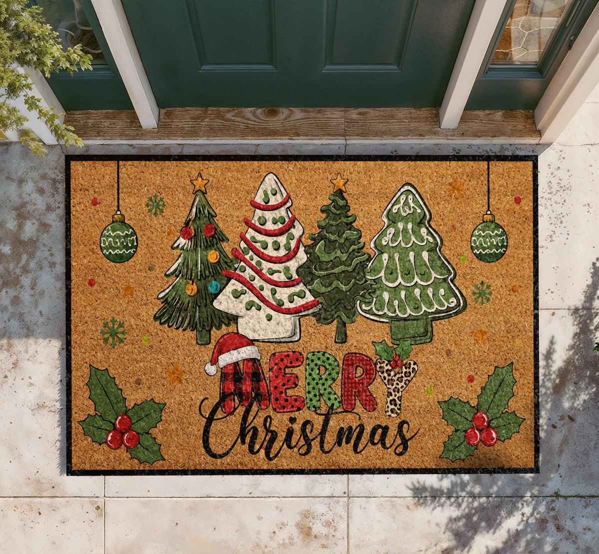 Personalized Christmas Doormat, Coir Welcome Mat, Buffalo Plaid Trees (Custom Name)