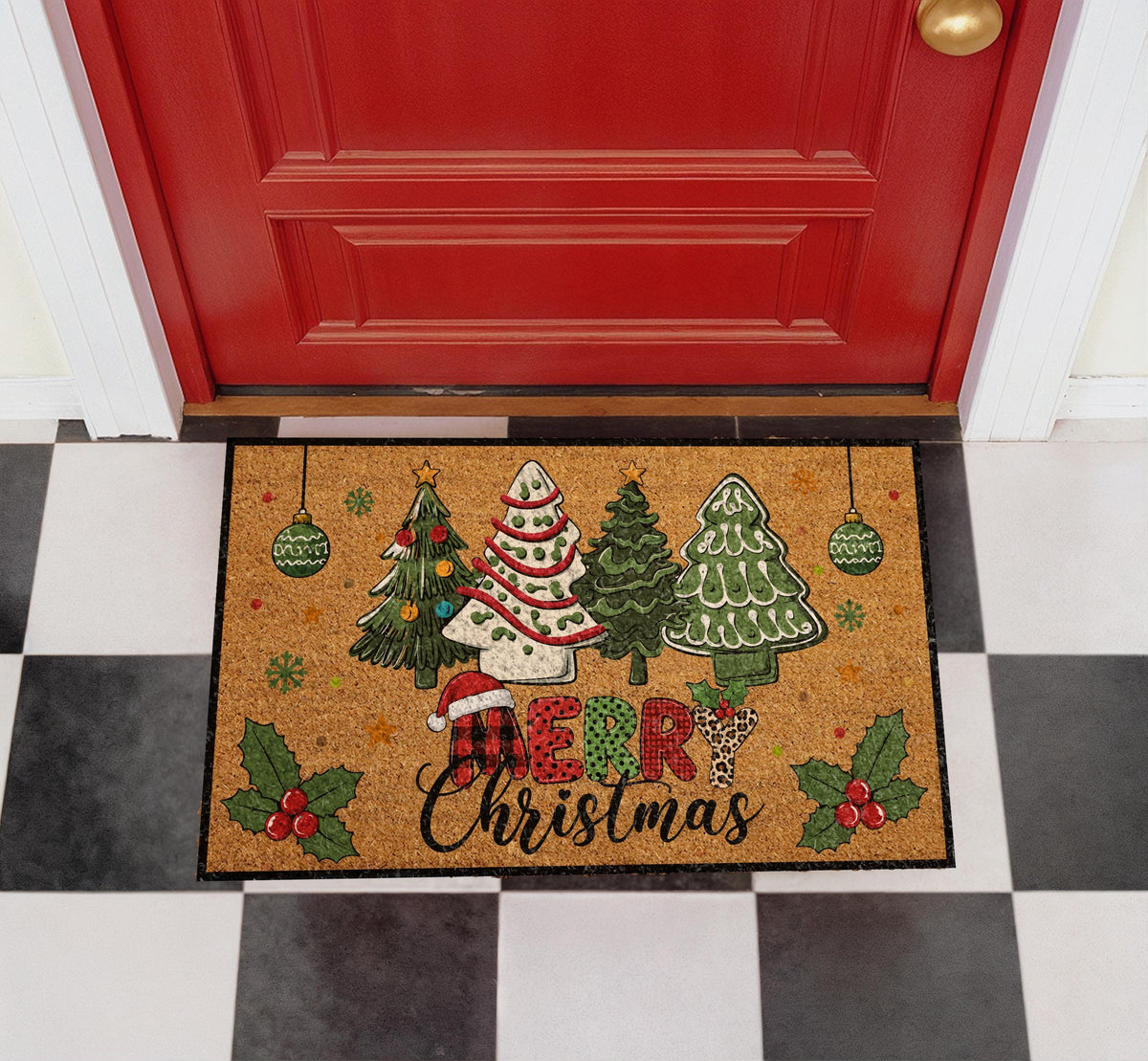 Personalized Christmas Doormat, Coir Welcome Mat, Buffalo Plaid Trees (Custom Name)