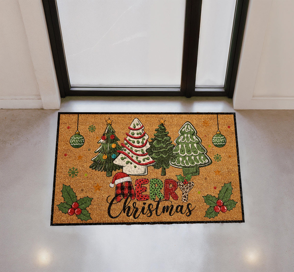 Personalized Christmas Doormat, Coir Welcome Mat, Buffalo Plaid Trees (Custom Name)