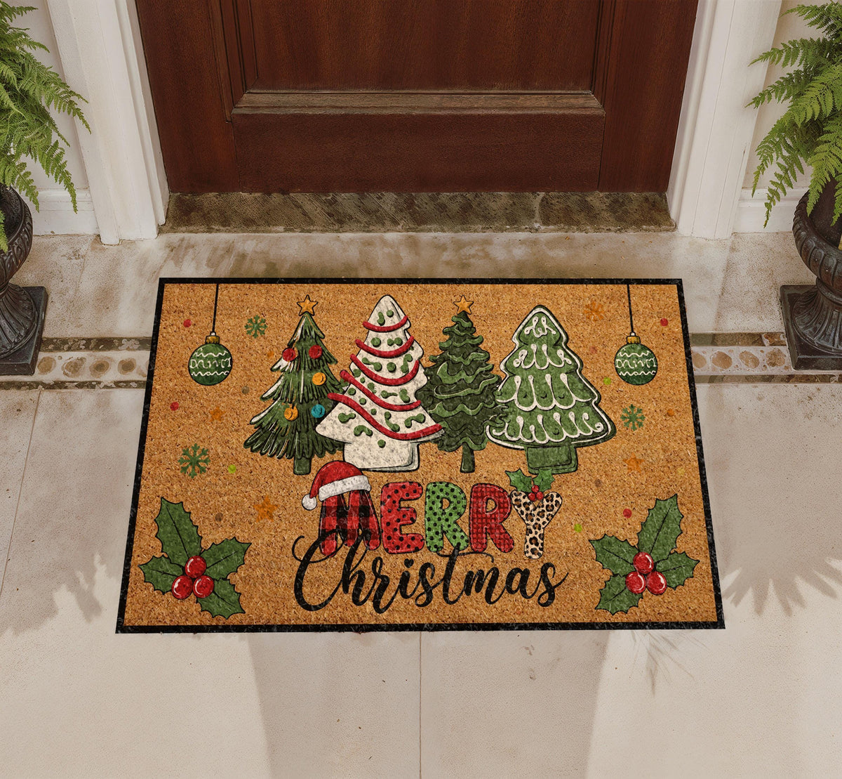 Personalized Christmas Doormat, Coir Welcome Mat, Buffalo Plaid Trees (Custom Name)