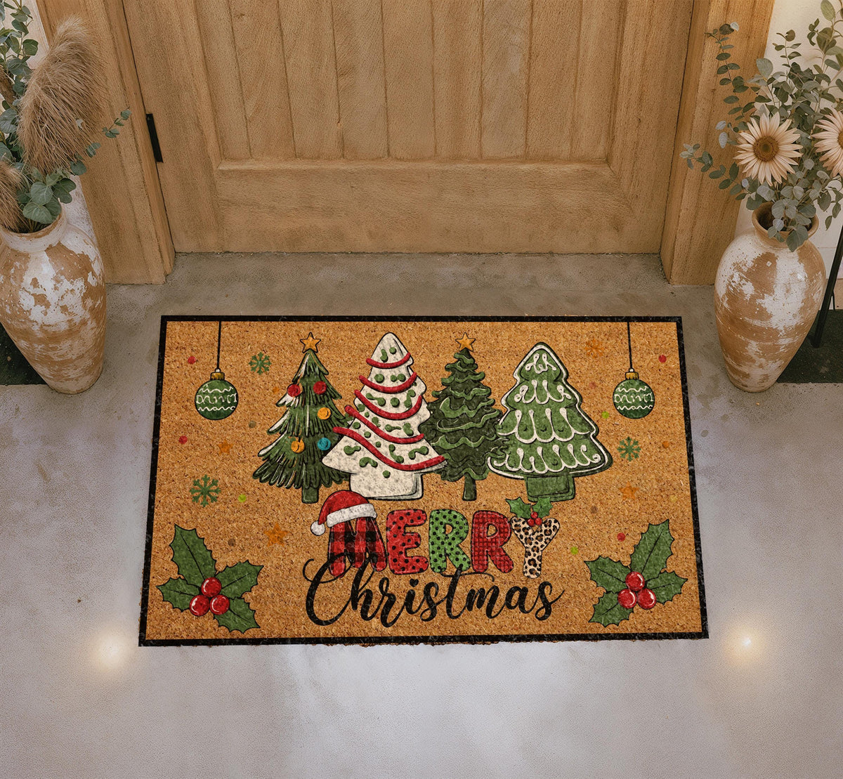 Personalized Christmas Doormat, Coir Welcome Mat, Buffalo Plaid Trees (Custom Name)
