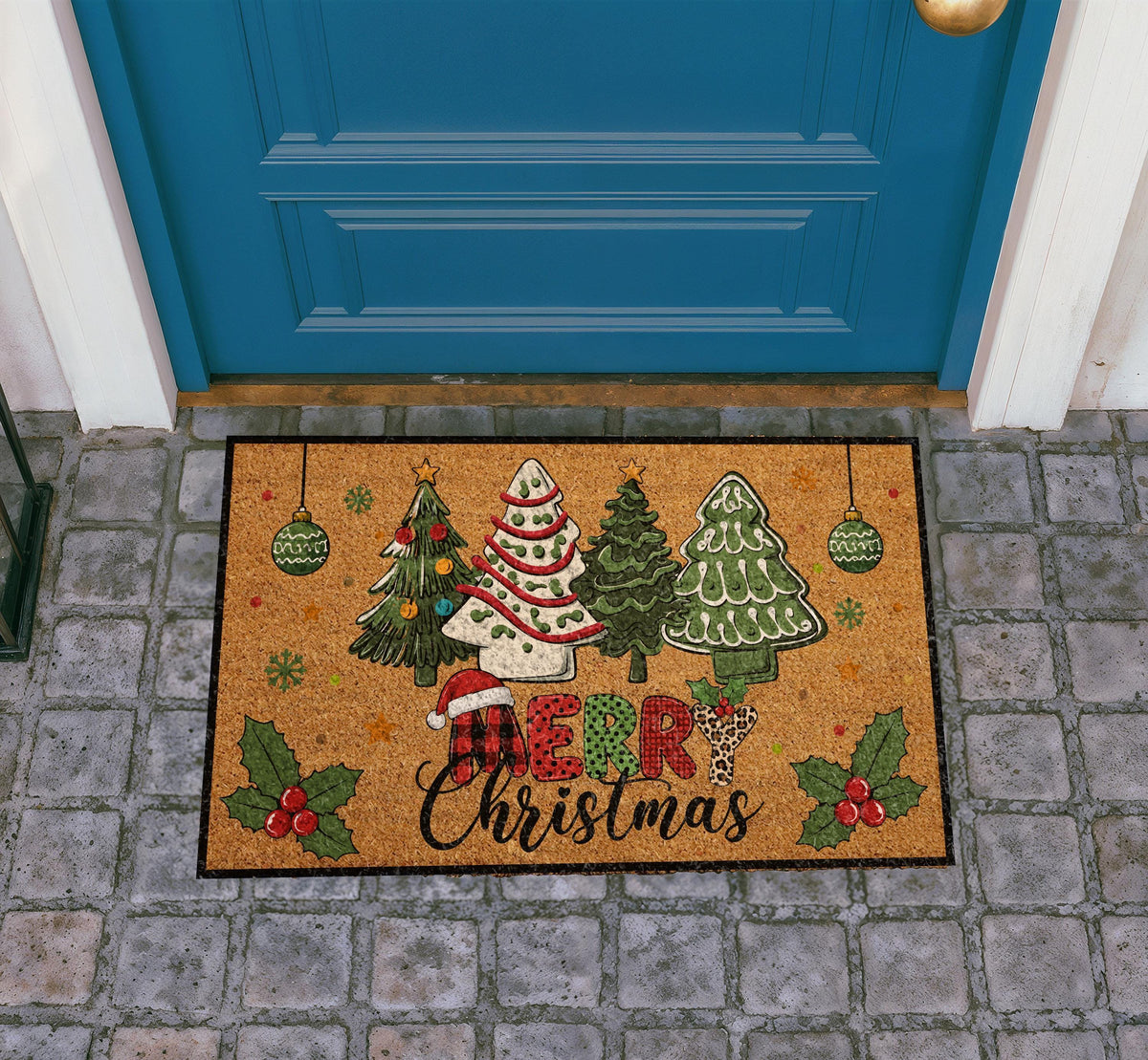 Personalized Christmas Doormat, Coir Welcome Mat, Buffalo Plaid Trees (Custom Name)