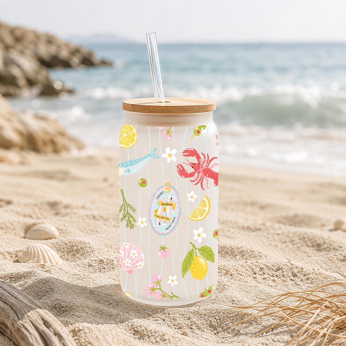 Sardine Tinned Fish Glass Tumbler, Coastal Iced Coffee Cup, Bamboo Lid Straw (16 oz)